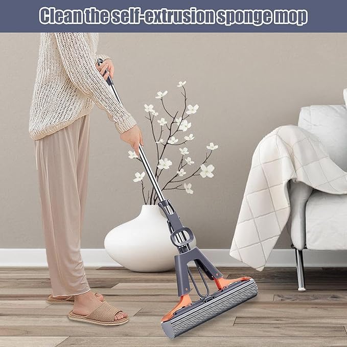 Premium Easy Floor Cleaner with Self-Squeeze Wringing, Hands-Free Extended Highly-Absorbent PVA Sponge Mop for Laminate, Tile, Hardwood Floor