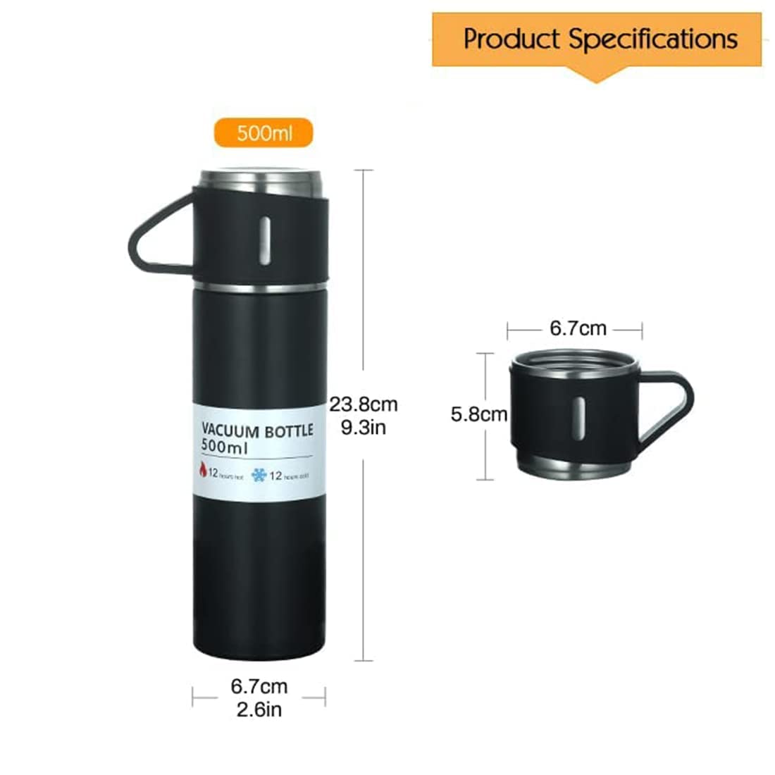 Vacuum Flask Set with 3 Stainless Steel Cups Combo - 500ml - Odourless & Keeps Liquid Hot & Cold- Diwali Gift, Christmas Gift, Employee Welcome Kit, Housewarming Gift, Wedding Gifts
