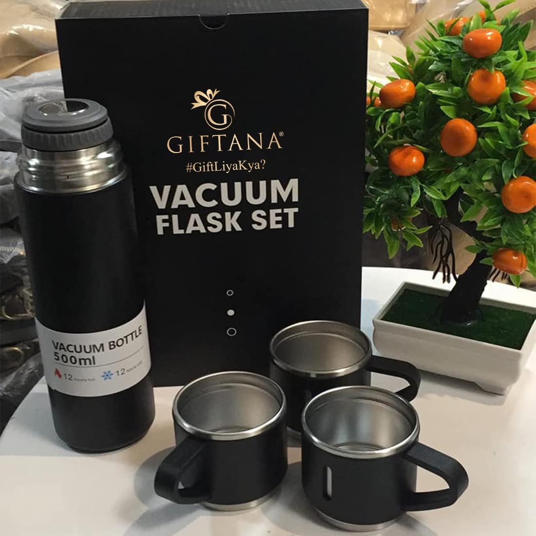 Vacuum Flask Set with 3 Stainless Steel Cups Combo - 500ml - Odourless & Keeps Liquid Hot & Cold- Diwali Gift, Christmas Gift, Employee Welcome Kit, Housewarming Gift, Wedding Gifts