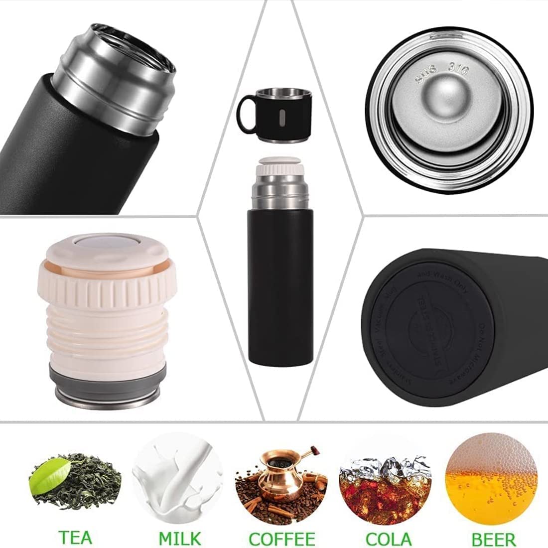 Vacuum Flask Set with 3 Stainless Steel Cups Combo - 500ml - Odourless & Keeps Liquid Hot & Cold- Diwali Gift, Christmas Gift, Employee Welcome Kit, Housewarming Gift, Wedding Gifts