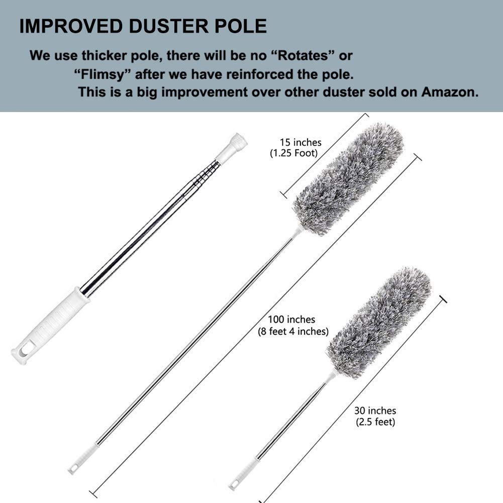 Improved Extra Long Microfiber Duster with Extension Pole (30 to 100 inches) Scratch-Resistant Cover, Bendable, Washable, Lint Free Feather Dusters for Cleaning Roof, Ceiling Fan,Blinds