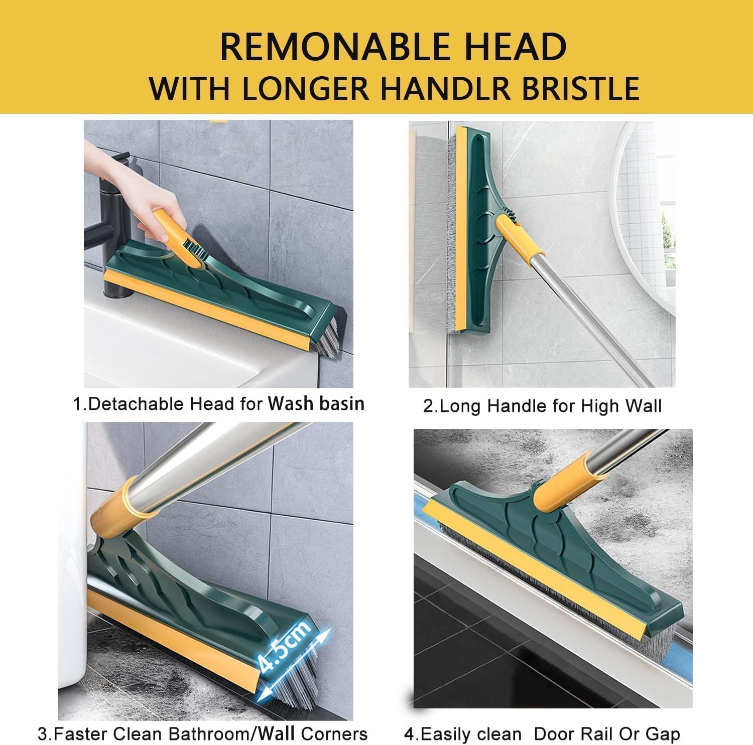 Rubber 2 in 1 Bathroom Cleaning Brush Wiper Tiles Cleaning Bathroom Brush Floor Scrub Brush with Long Handle 120 Rotate Home Kitchen Bathroom Cleaning Brush Pack-1, Multicolor